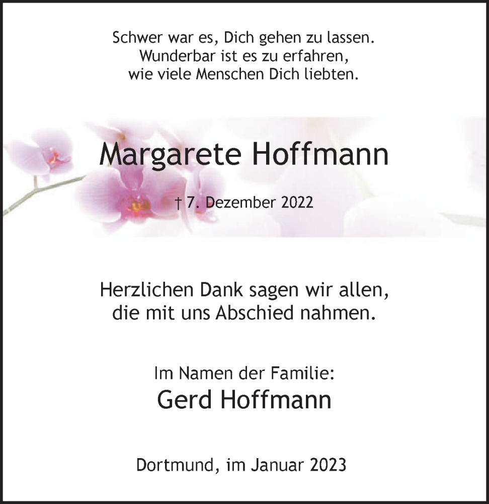  Traueranzeige für Margarete Hoffmann vom 07.01.2023 aus 