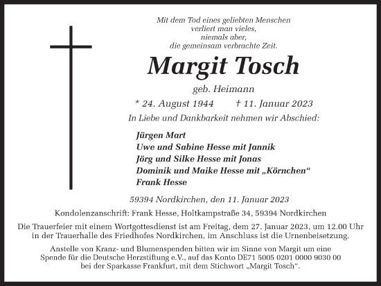Traueranzeige von Margit Tosch von Ruhr Nachrichten