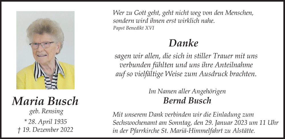  Traueranzeige für Maria Busch vom 25.01.2023 aus Münstersche Zeitung und Münsterland Zeitung