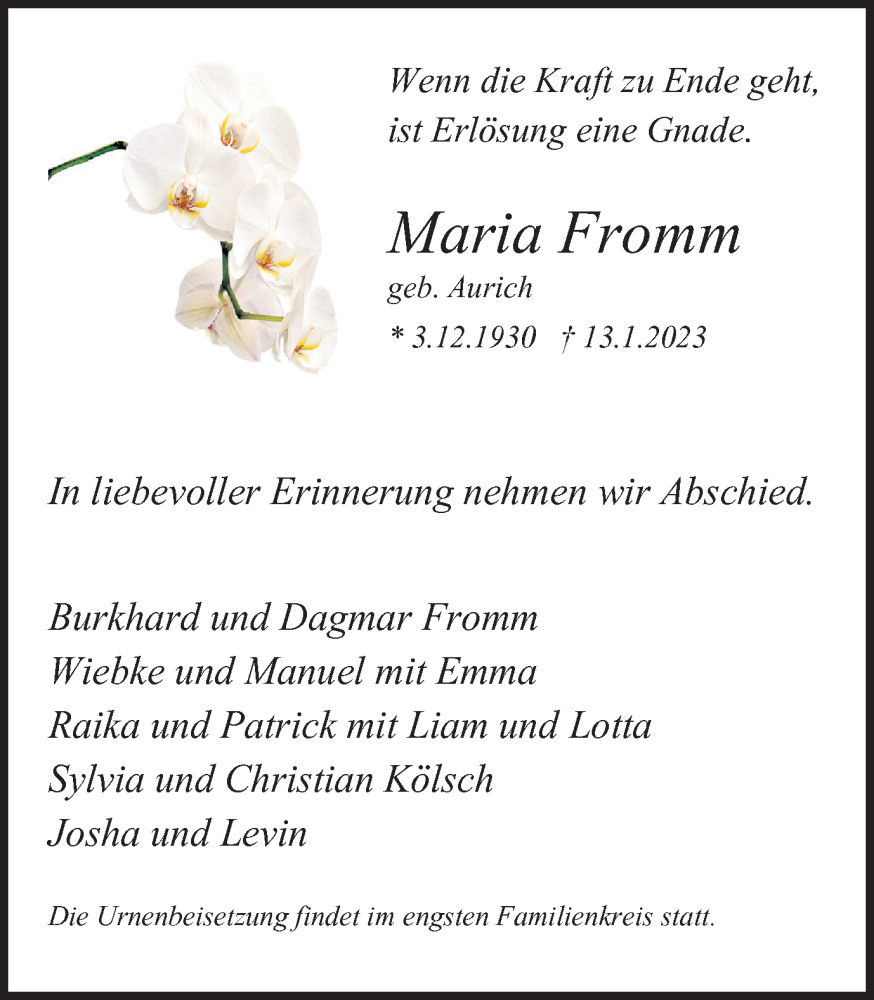  Traueranzeige für Maria Fromm vom 21.01.2023 aus Medienhaus Bauer