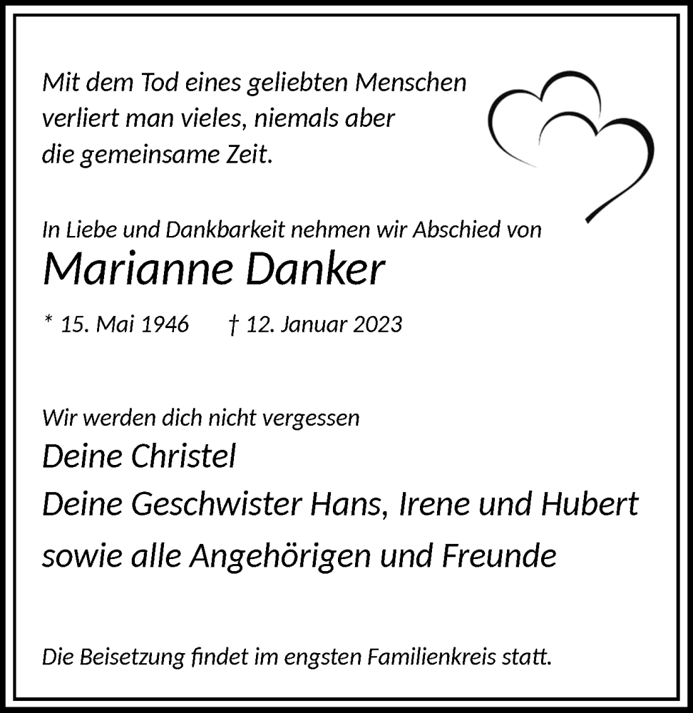  Traueranzeige für Marianne Danker vom 28.01.2023 aus Medienhaus Bauer