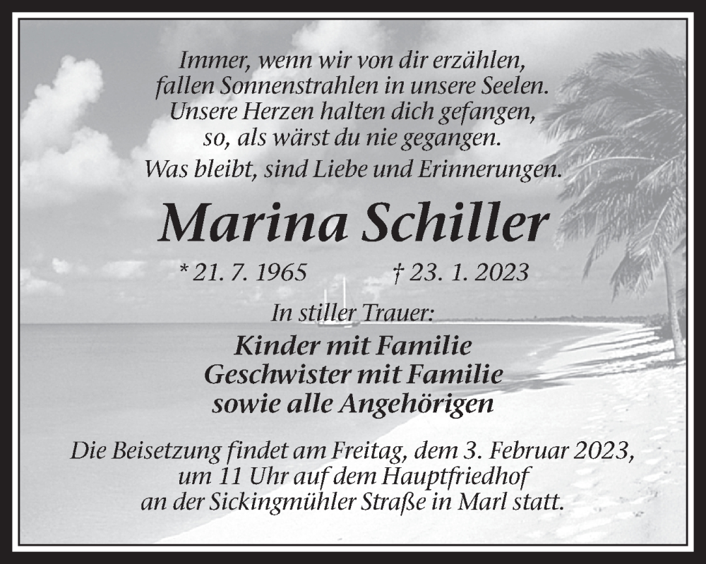  Traueranzeige für Marina Schiller vom 28.01.2023 aus Medienhaus Bauer