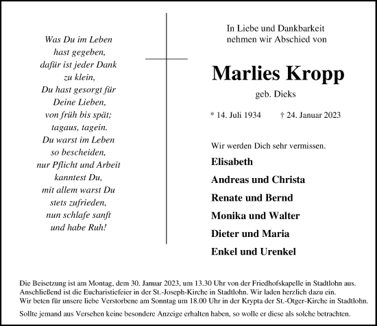 Traueranzeige von Marlies Kropp von Münstersche Zeitung und Münsterland Zeitung