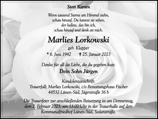 Traueranzeige von Marlies Lorkowski von Ruhr Nachrichten