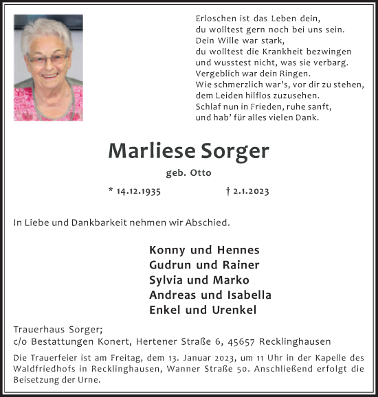 Traueranzeige von Marliese Sorger von Medienhaus Bauer