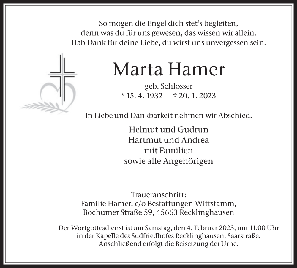  Traueranzeige für Marta Hamer vom 28.01.2023 aus Medienhaus Bauer