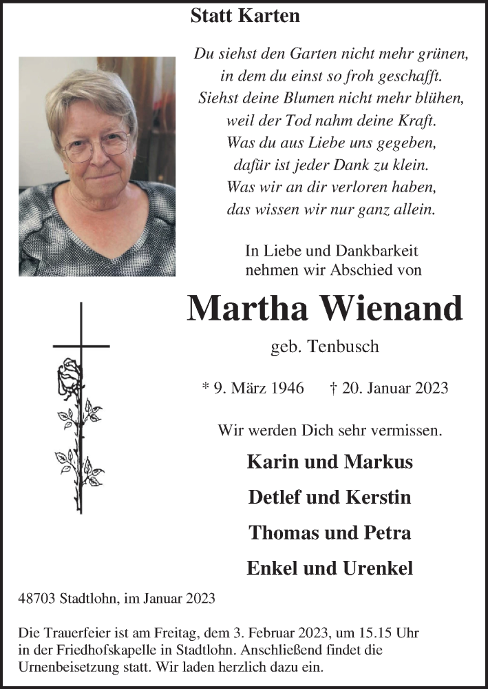  Traueranzeige für Martha Wienand vom 31.01.2023 aus Münstersche Zeitung und Münsterland Zeitung