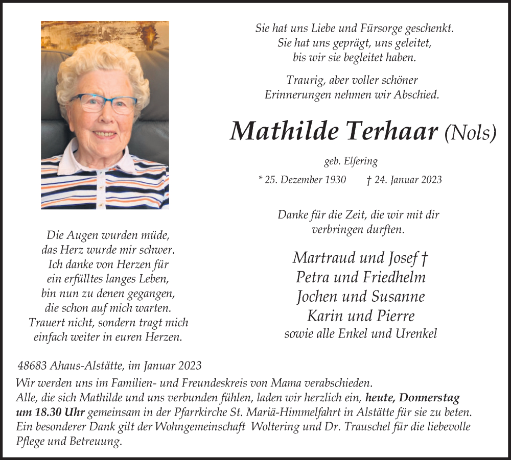  Traueranzeige für Mathilde Terhaar vom 26.01.2023 aus Münstersche Zeitung und Münsterland Zeitung
