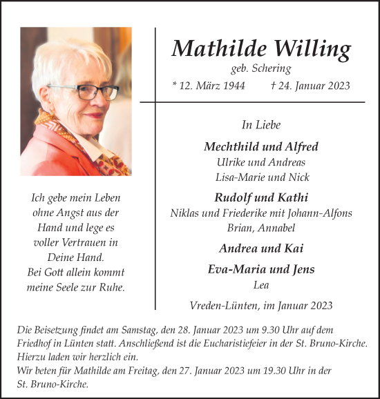 Traueranzeige von Mathilde Willing von Münstersche Zeitung und Münsterland Zeitung