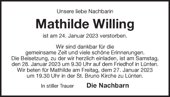 Traueranzeige von Mathilde Willing von Münstersche Zeitung und Münsterland Zeitung