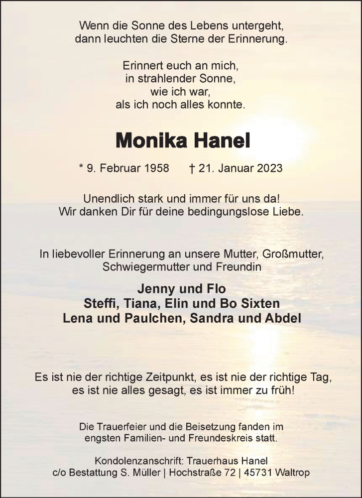  Traueranzeige für Monika Hanel vom 28.01.2023 aus Ruhr Nachrichten