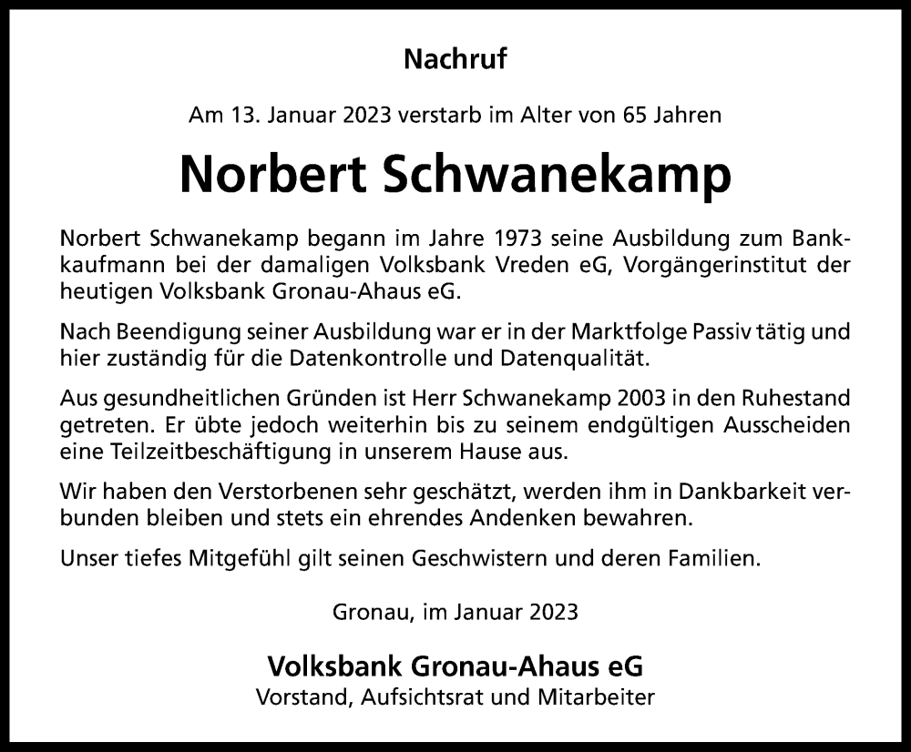  Traueranzeige für Norbert Schwanekamp vom 21.01.2023 aus Münstersche Zeitung und Münsterland Zeitung