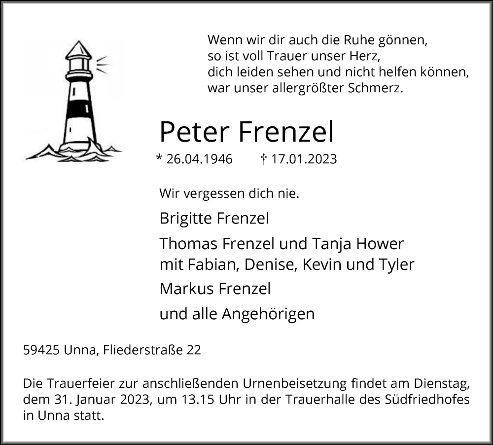  Traueranzeige für Peter Frenzel vom 24.01.2023 aus Hellweger Anzeiger
