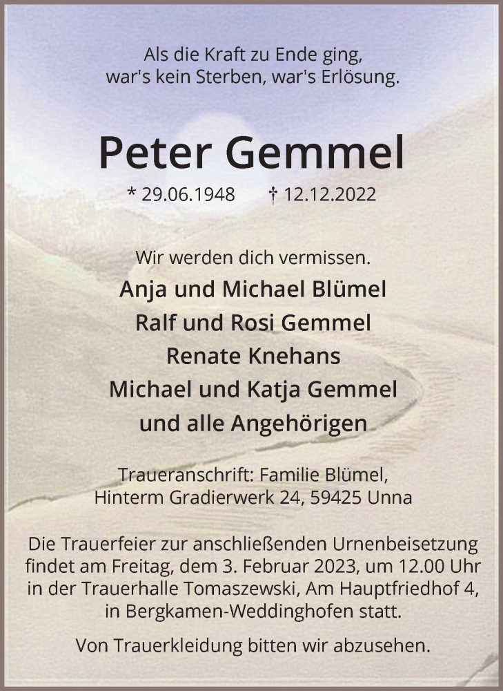  Traueranzeige für Peter Gemmel vom 21.01.2023 aus Hellweger Anzeiger
