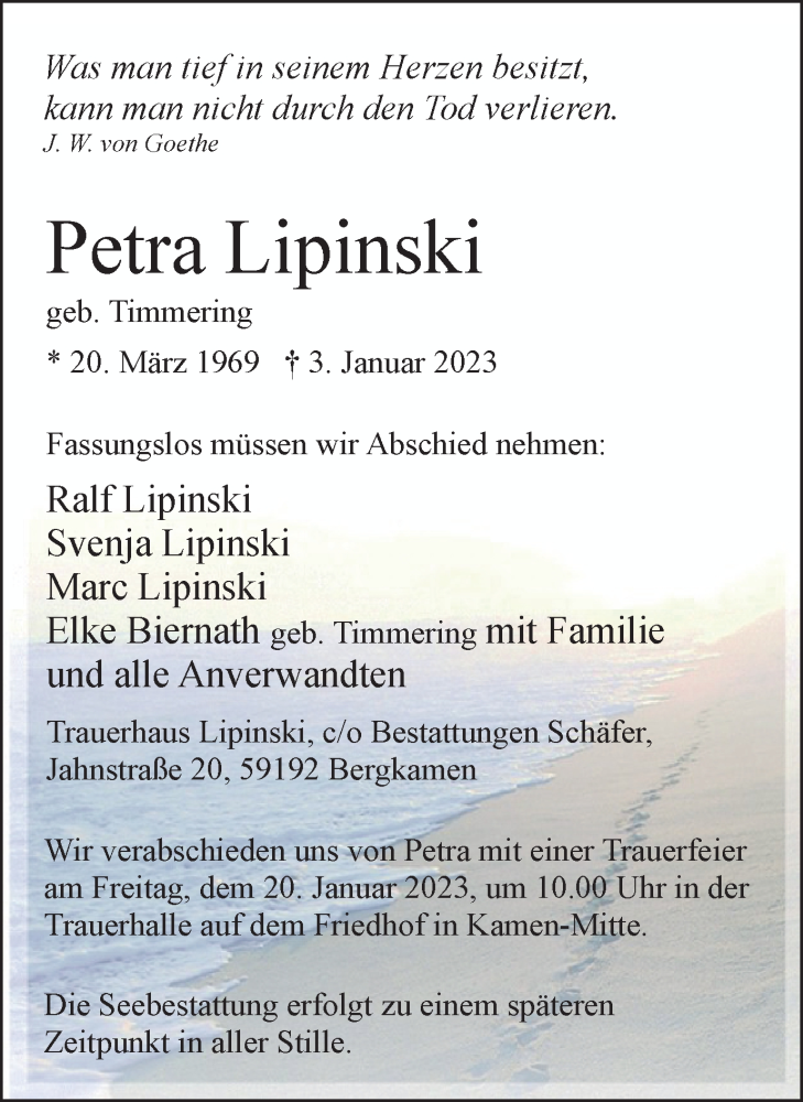  Traueranzeige für Petra Lipinski vom 07.01.2023 aus Hellweger Anzeiger