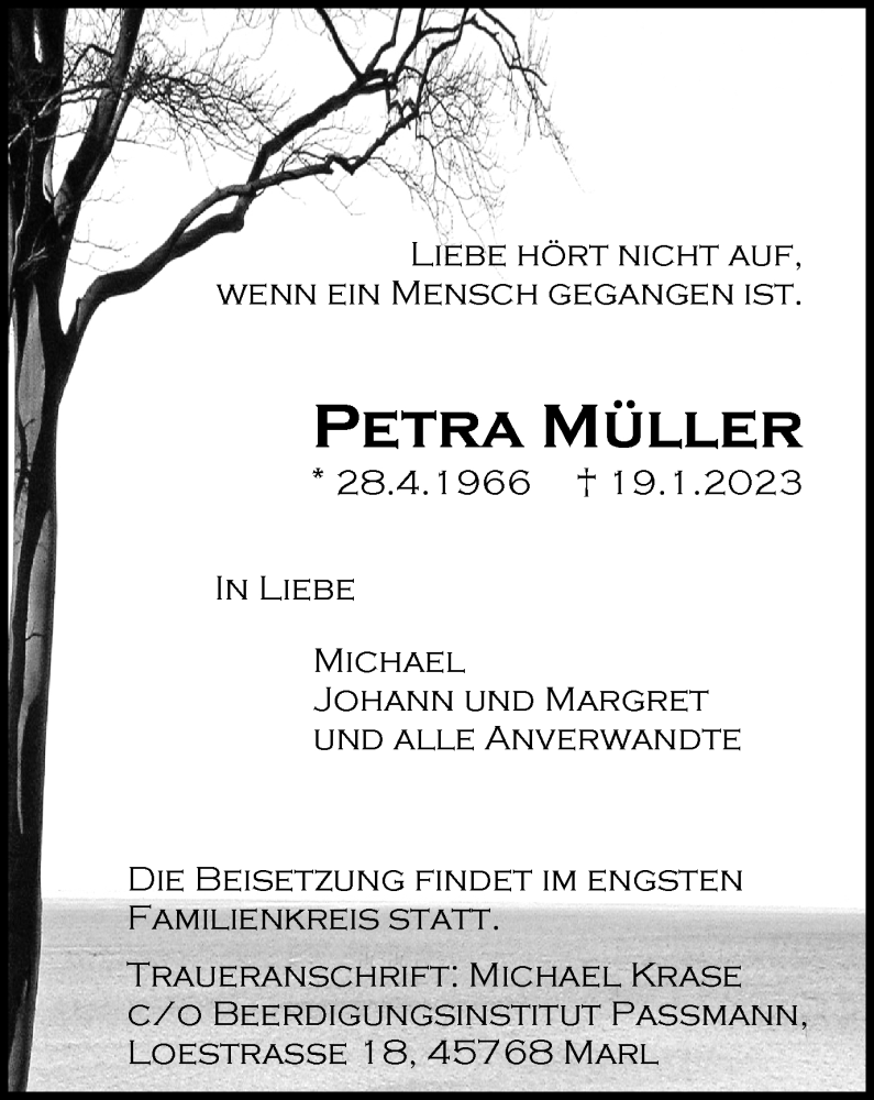  Traueranzeige für Petra Müller vom 28.01.2023 aus Medienhaus Bauer