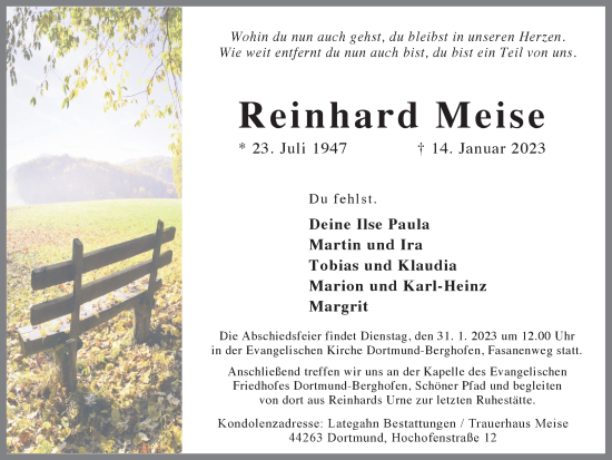 Traueranzeige von Reinhard Meise 