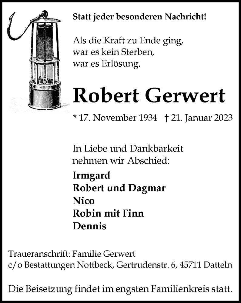  Traueranzeige für Robert Gerwert vom 28.01.2023 aus Medienhaus Bauer