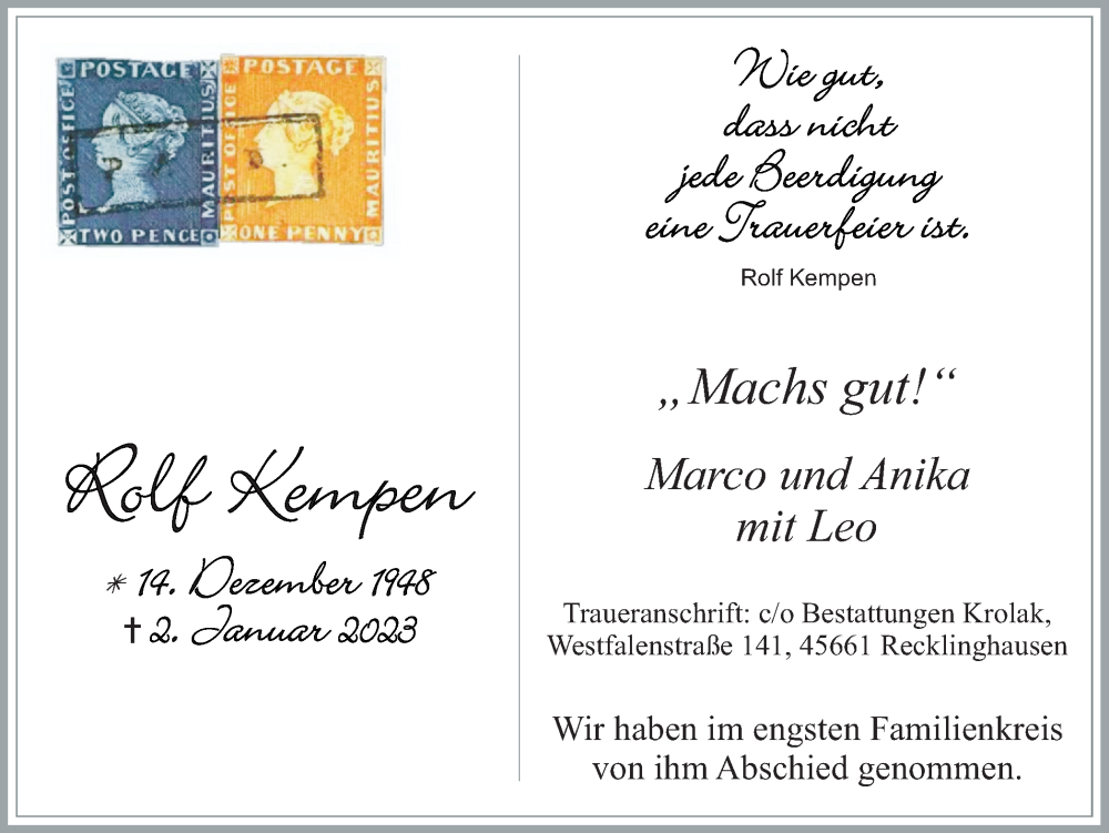  Traueranzeige für Rolf Kempen vom 21.01.2023 aus Medienhaus Bauer