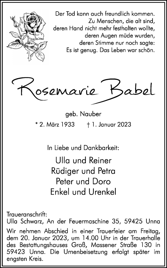 Traueranzeige von Rosemarie Babel von Hellweger Anzeiger