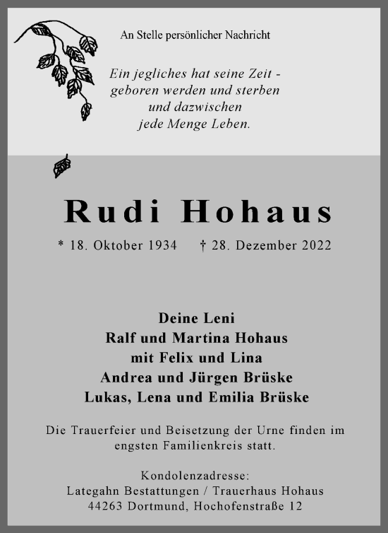 Traueranzeige von Rudi Hohaus 