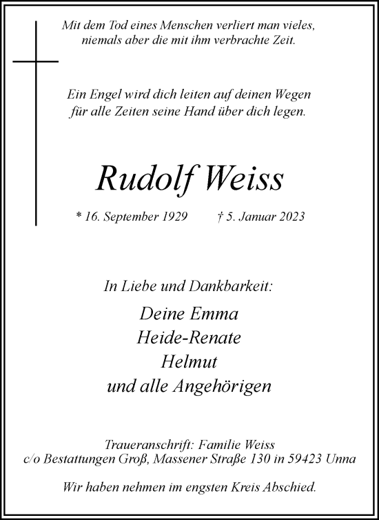 Traueranzeige von Rudolf Weiss von Hellweger Anzeiger