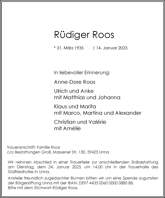 Traueranzeige von Rüdiger Roos