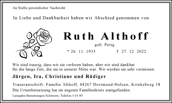 Traueranzeige von Ruth Althoff 