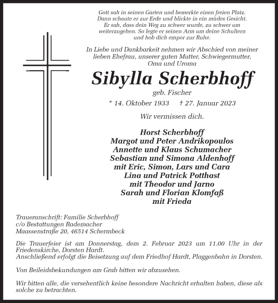 Traueranzeige von Sibylla Scherbhoff von Ruhr Nachrichten und Dorstener Zeitung