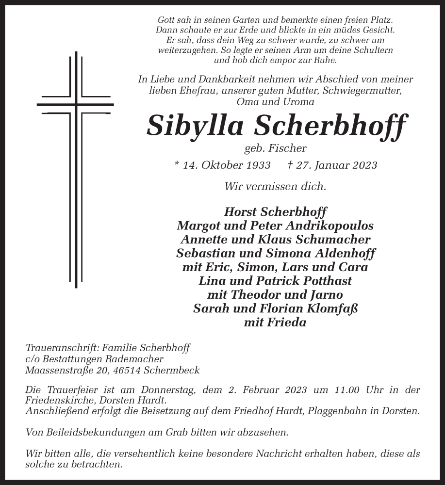  Traueranzeige für Sibylla Scherbhoff vom 31.01.2023 aus Ruhr Nachrichten und Dorstener Zeitung