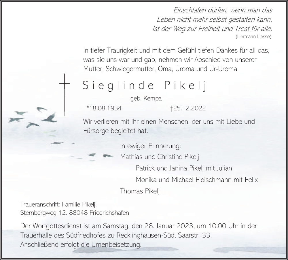  Traueranzeige für Sieglinde Pikelj vom 28.01.2023 aus Medienhaus Bauer
