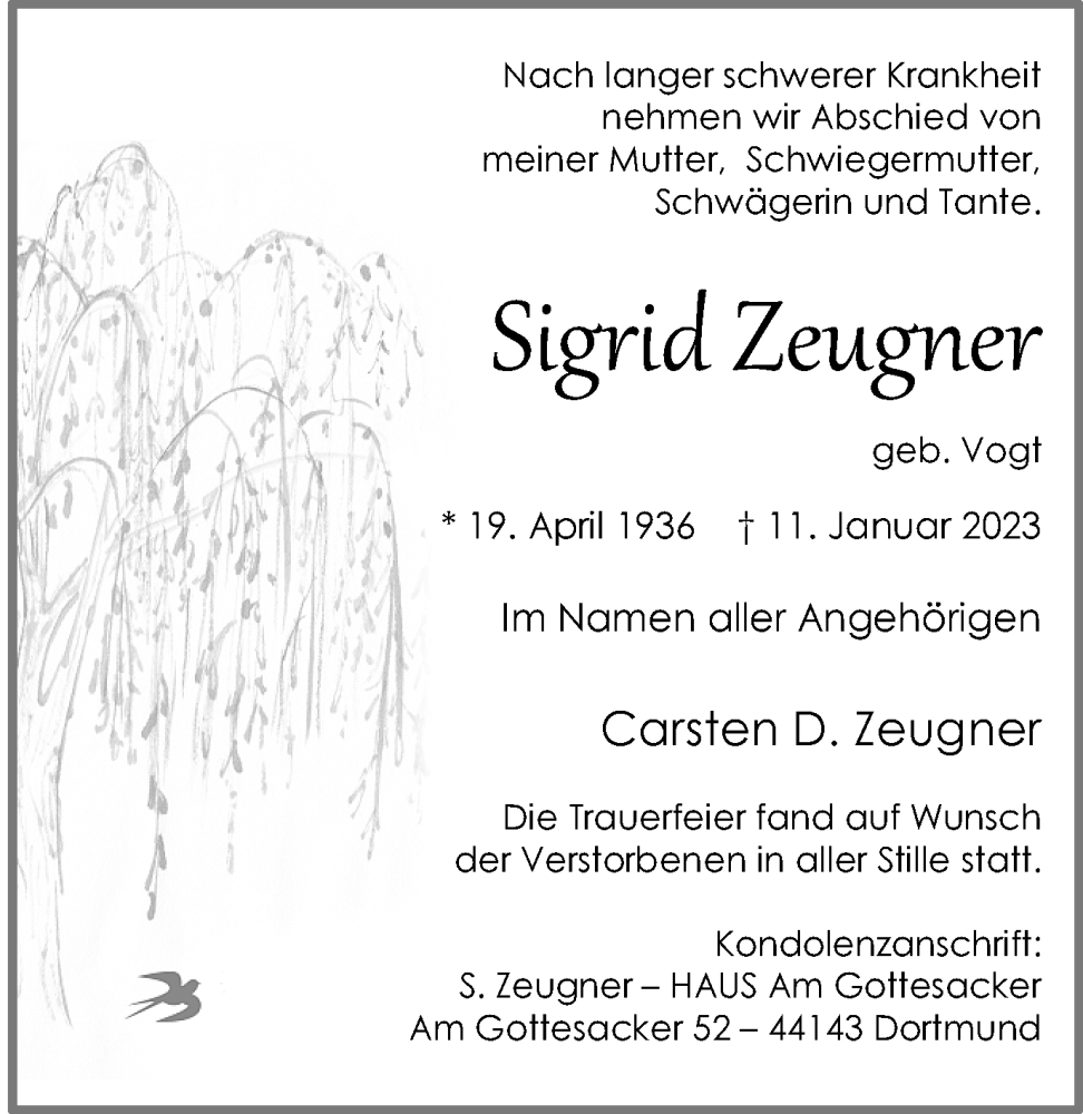  Traueranzeige für Sigrid Zeugner vom 21.01.2023 aus 