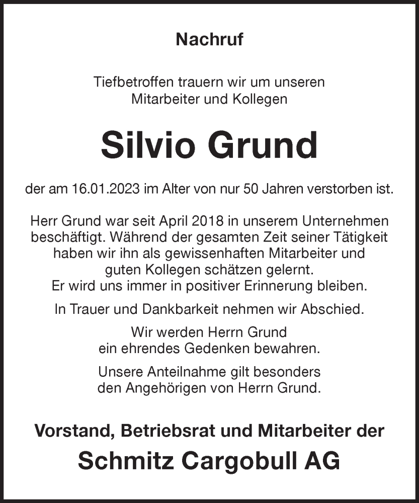 Traueranzeige für Silvio Grund vom 27.01.2023 aus Münstersche Zeitung und Münsterland Zeitung