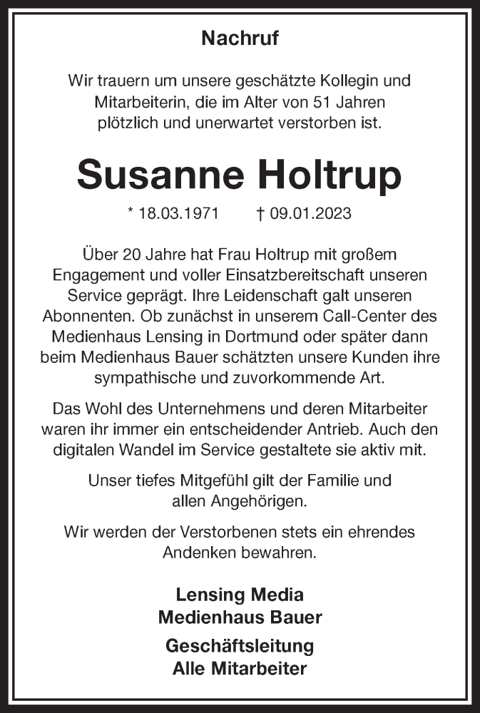  Traueranzeige für Susanne Holtrup vom 14.01.2023 aus 