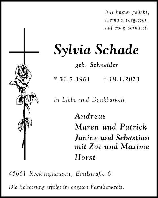 Traueranzeige von Sylvia Schade von Medienhaus Bauer