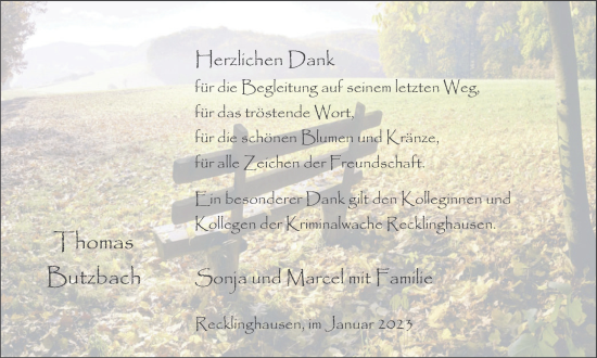 Traueranzeige von Thomas Butzbach von Medienhaus Bauer