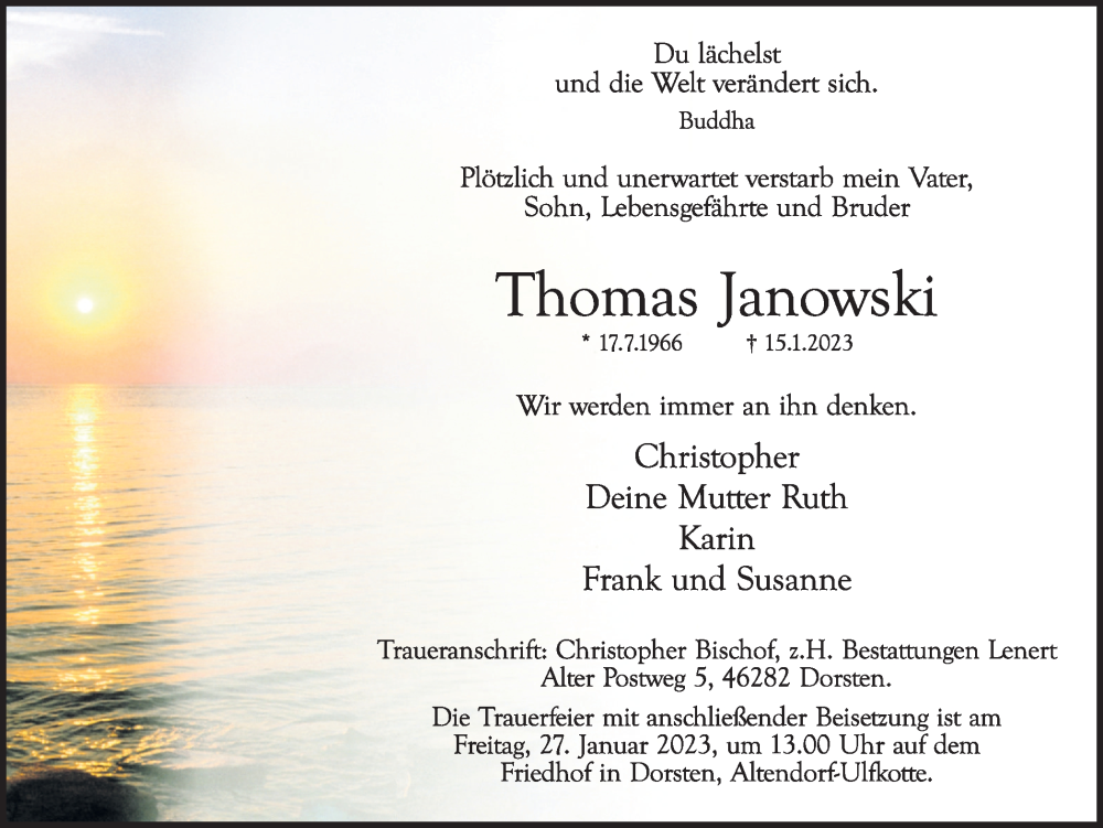  Traueranzeige für Thomas Janowski vom 21.01.2023 aus Ruhr Nachrichten und Dorstener Zeitung