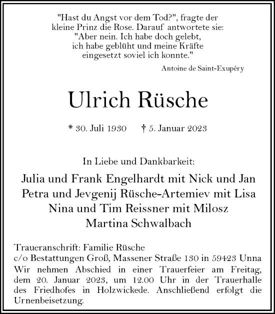Traueranzeige von Ulrich Rüsche von Hellweger Anzeiger