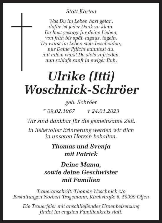 Traueranzeige von Ulrike Woschnick-Schröer von Ruhr Nachrichten