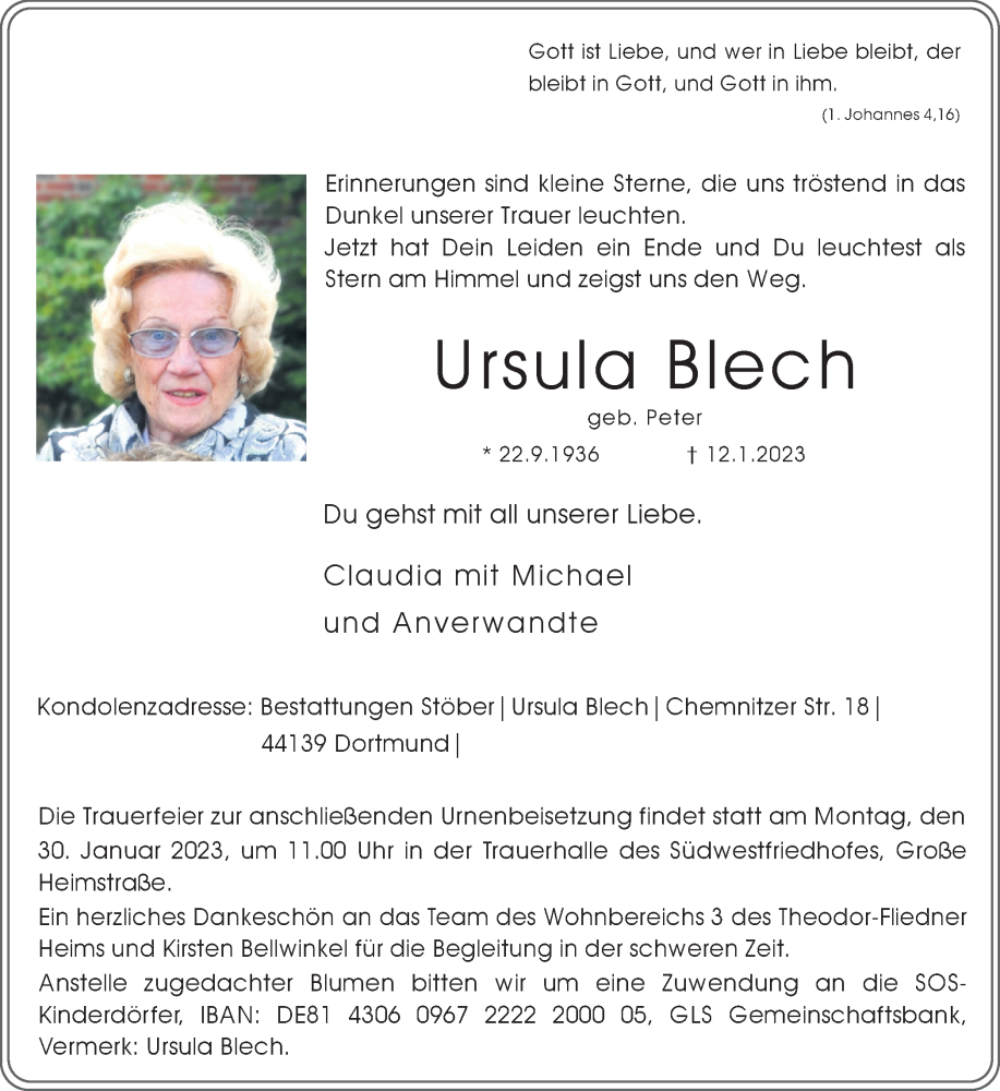 Traueranzeige für Ursula Blech vom 21.01.2023 aus 