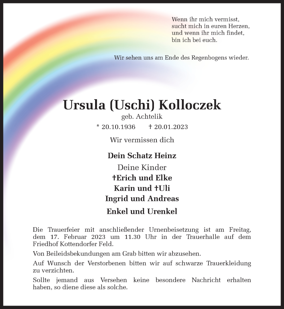  Traueranzeige für Ursula Kolloczek vom 28.01.2023 aus Ruhr Nachrichten und Dorstener Zeitung