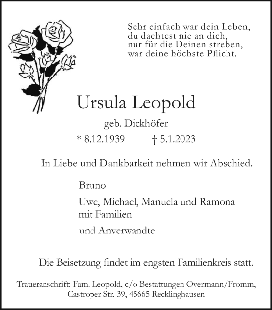 Traueranzeige von Ursula Leopold von Medienhaus Bauer