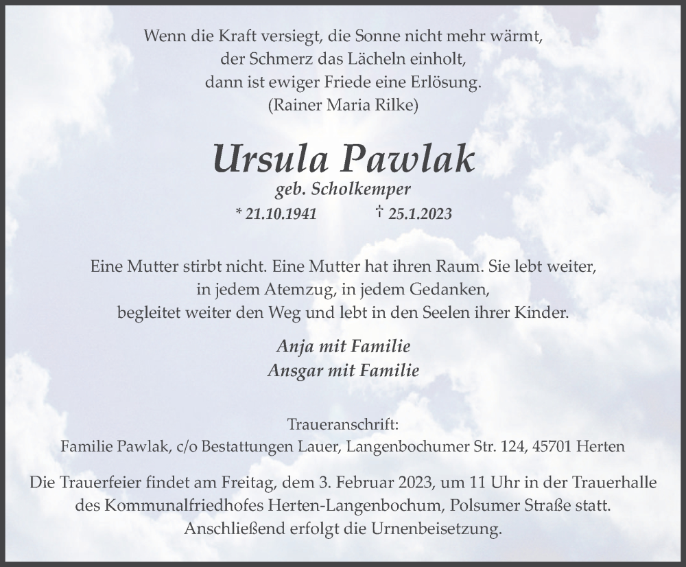  Traueranzeige für Ursula Pawlak vom 28.01.2023 aus Medienhaus Bauer