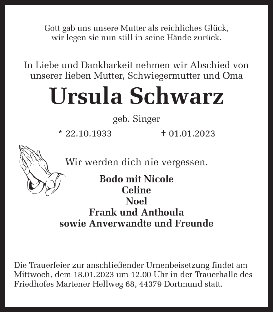  Traueranzeige für Ursula Schwarz vom 16.01.2023 aus 
