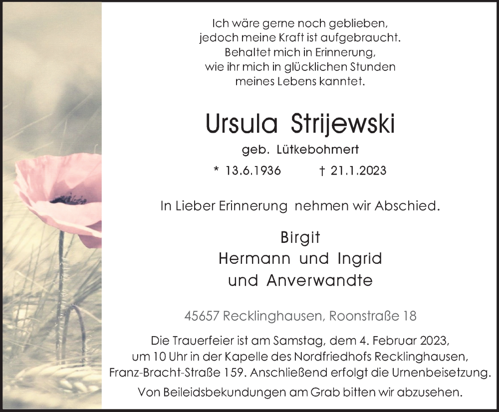  Traueranzeige für Ursula Strijewski vom 30.01.2023 aus Medienhaus Bauer