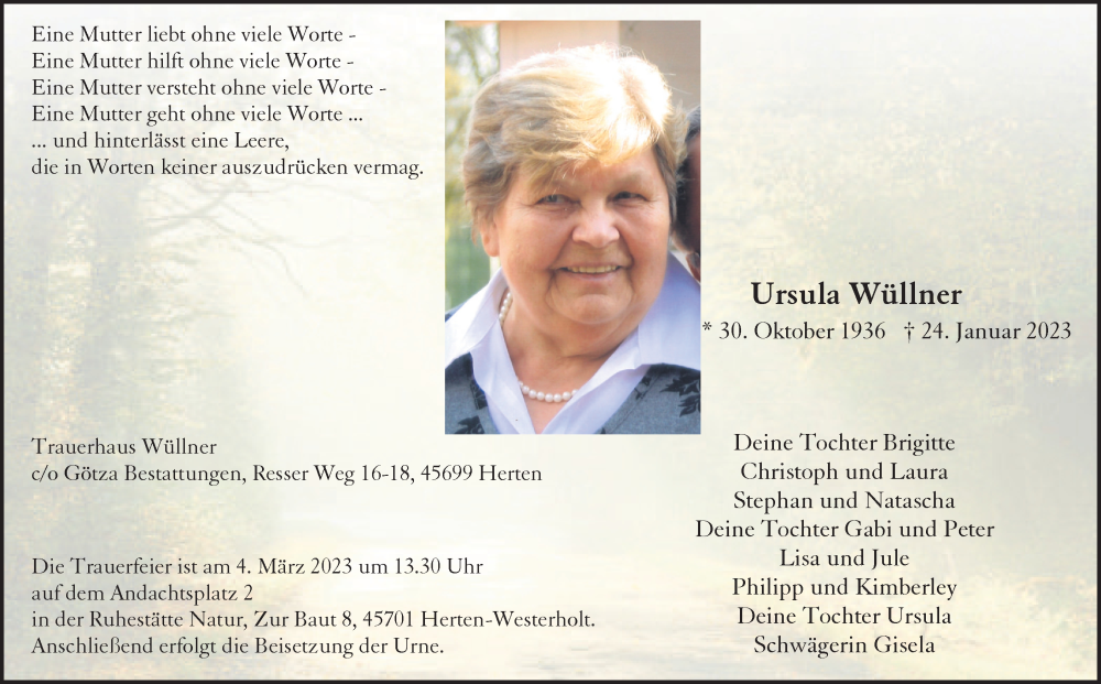  Traueranzeige für Ursula Wüllner vom 28.01.2023 aus Medienhaus Bauer