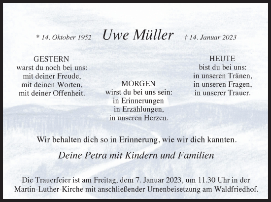 Traueranzeige von Uwe Müller von Ruhr Nachrichten und Dorstener Zeitung