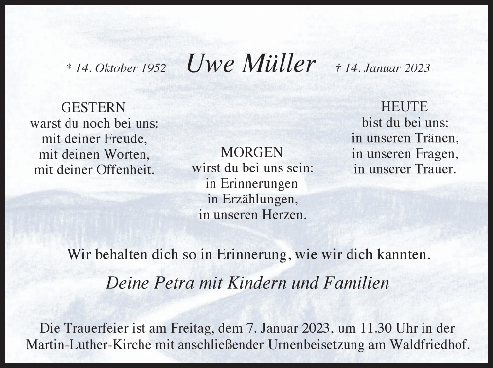  Traueranzeige für Uwe Müller vom 21.01.2023 aus Ruhr Nachrichten und Dorstener Zeitung