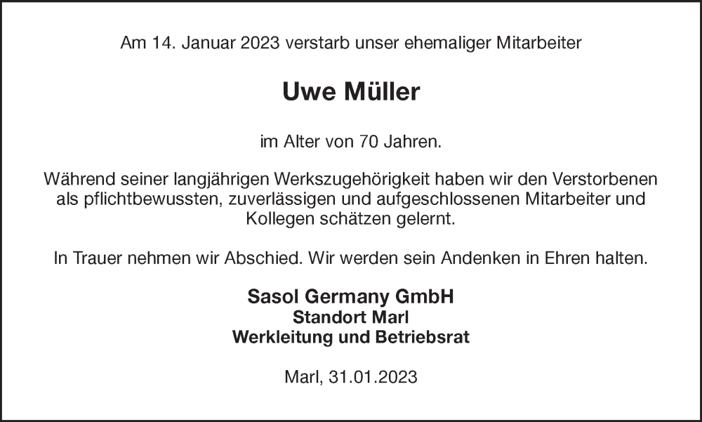  Traueranzeige für Uwe Müller vom 31.01.2023 aus Ruhr Nachrichten und Dorstener Zeitung