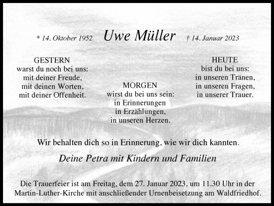 Traueranzeige von Uwe Müller von Ruhr Nachrichten und Dorstener Zeitung